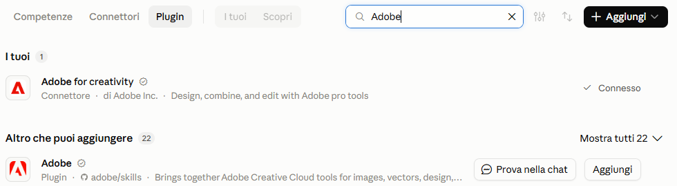 La scheda Plugin di Claude con Adobe for creativity collegato e il plugin Adobe da aggiungere